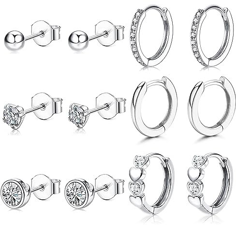 JeweBella 6 Paar Ohrringe Silber 925 für Damen Mädchen Ohrringe Creolen Silber Hypoallergen Zirkonia Ohrstecker Silber Knorpel Ohrringes Set Klein Ohrringes Silber 925 Creolen für Mehrere Piercings