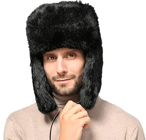 OSMARI Herren Kunstfell-Hut, Kosakenhut, Unisex, Wintermütze, russischer Fliegerhut, Kunstleder, Pilotenkappe, Winter-Trapper-Hut, Ohrenklappe, Eskimo-Hut, Schwarz XXXL
