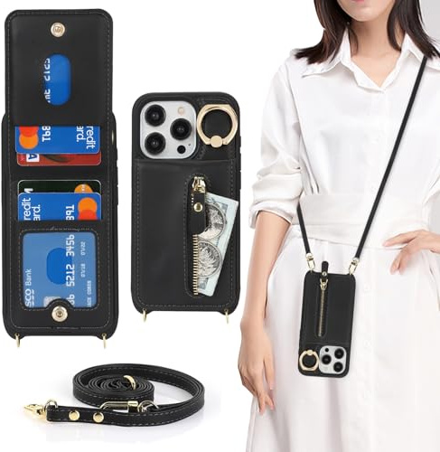 Zouzt Crossbody Wallet Case for iPhone 15 Pro (6.1), with Strap, Black | Lanyard Purse, 4 Card Holder, 360° Ring Kickstand, PU Leather Zipper Handbag, Shockproof TPU, Back Flip Phone Cover for Women