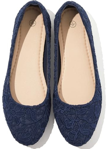Dress Shoes for Women Round Toe Flats Shoes Lace Ballet Flats Dressy Comfortable Foldable Flats Low Heel(Navy.us8)