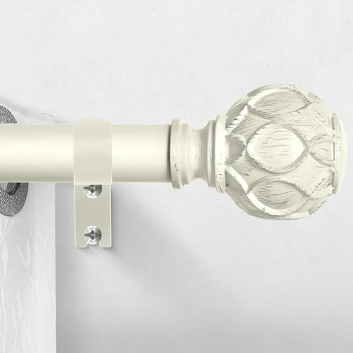 HTZON White Curtain Rods for Windows:Farmhouse Boho Decorative Curtain Rod for Bedroom Living Room,Heavy Duty Adjustable Rustic Drapery Rods with Vintage Coastal Texture Finials,Antique White 36-88