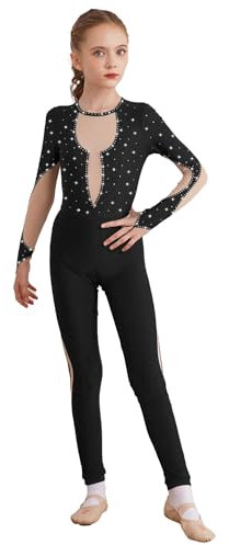 YiZYiF Kinder Mädchen Gymnastikanzug Langarm Glitzer Ganzkörper Turnanzug Tanztrikot Ballett Body Leotard Mit Strass Wettbewerb Tanzkleidung Schwarz_A 146-152