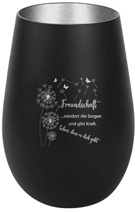 Der-Porzellan-Laden Windlicht mit Gravur Freundschaft mindert die Sorgen | Schwarz Silber, Teelichthalter aus Glas mit Spruch, Tischdeko modern
