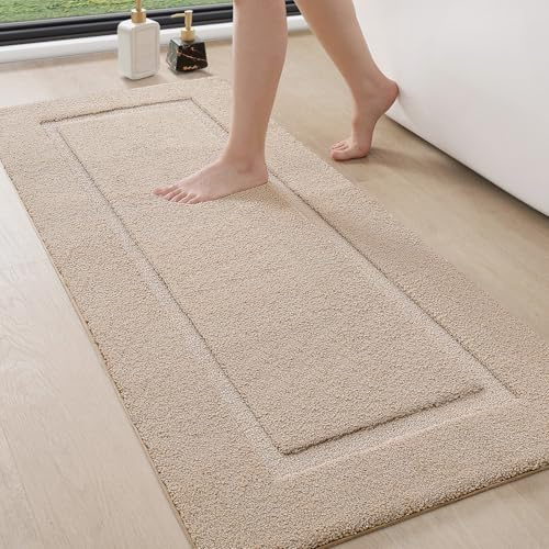 DEXI Badezimmerteppich 60 x 150 cm, Badteppich rutschfest Waschbar, weicher Badematte, Mikrofaser Absorbent Badvorleger, Badematten für Badewanne, Duschraum und Badezimmer, Beige