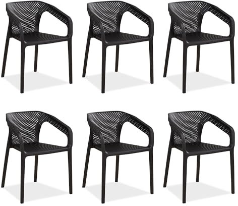 Homestyle4u Gartenstuhl Stapelbar Kunststoff Schwarz 6er Set mit Armlehnen Wetterfest Gartenmöbel Stühle