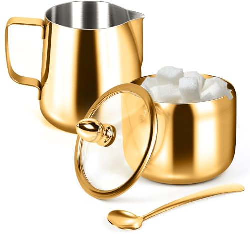 Zucker- und Milchkännchen-Set, Zuckerbehälter und Milchaufschäumkrug für Kaffeebar, Edelstahl, Zuckerdose mit Deckel und Löffel für Espressomaschinen-Zubehör (Gold)
