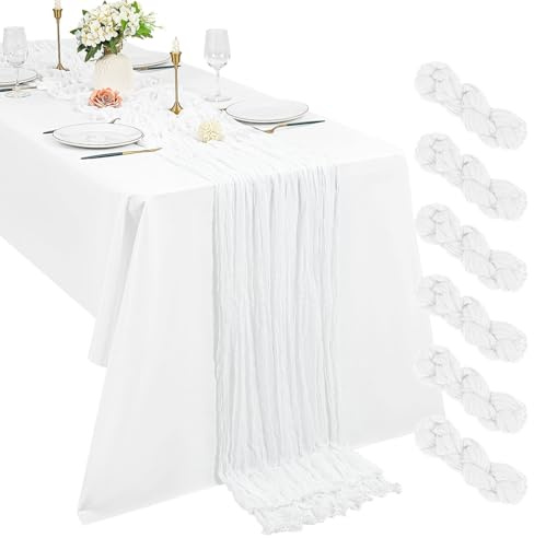 Pesonlook 6er Set Gaze-Tischläufer für Hochzeiten, 55 x 300 cm, Weiß | Weiche Polyester-Gaze in Käsetuch-Optik mit lockerem Faltenwurf für Boho-Tischdeko, Geburtstage, Partys und Hochzeitsbögen