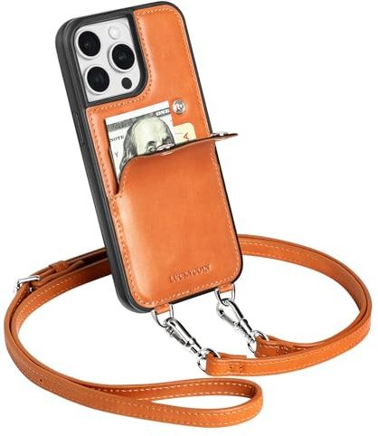 LUCKYCOIN Crossbody Wallet Phone Case for iPhone 14 Pro Max, 100% Genuine Leather Phone Purse with Card Holder for Women, Drop Protection, Adjustable & Removable Shoulder Strap, Retro Brown
