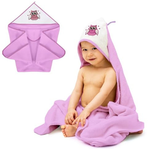MEA BABY Handtuch mit Kapuze 100% Baumwolle 100x100 cm, Kapuzenhandtuch für Mädchen und Jungen, Weich und Super Saugfähig Babyhandtuch mit Kapuze, rosa mit Eulen Druck