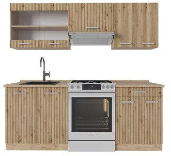 Vicco Küchenzeile R-Line, Artisan-Eiche/Goldkraft Eiche, 200 cm, AP Eiche, geeignet zur individuellen Erweiterung durch Zusatzmodule