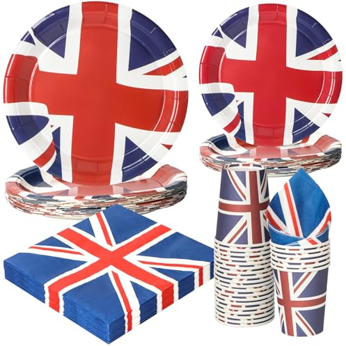 PARTY GO Lot de 96 pièces de vaisselle jetables en carton avec drapeau du Royaume-Uni - Assiettes, gobelets et serviettes - Fanions jetables - Fournitures de fête pour fête de la fête - Décorations de
