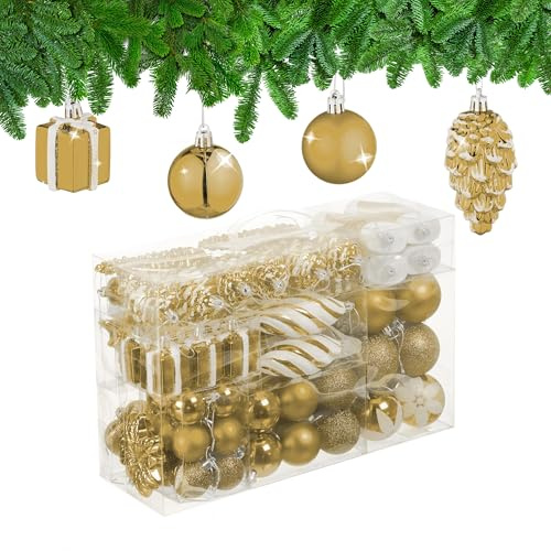 Relaxdays Weihnachtskugeln 72er Set, glitzernde, Matte & glänzende Baumkugeln, Stiefel, Herz & Zapfen, Kunststoff, Farbe
