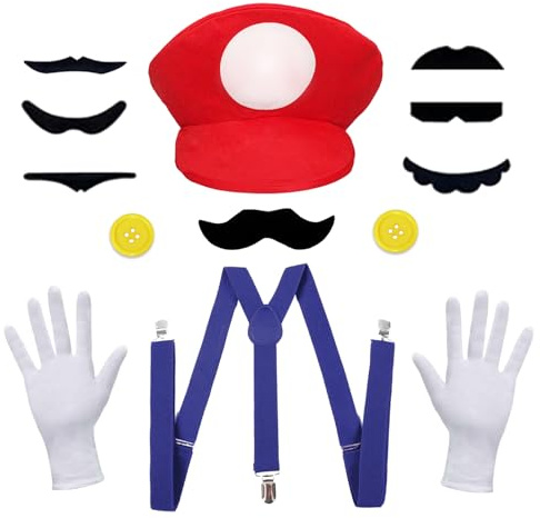 BOYATONG Faschingskostüme Accessories Costume, Mütze Hut Handschuhe Bart Gelbe Knöpfe Y-Back Hosenträger Kostüm für Halloween Cosplay Mottoparty Kostüm für Erwachsene Kinder Damen Herren