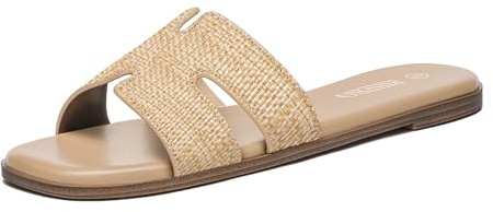 Rihero Women's Dressy Flat Sandals Comfortable Slip On Leather Slide Raffia Sandals