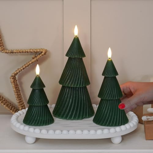 Festive Lights - Paquete de 3 velas LED de cera real para árbol de Navidad, funciona con pilas, luz blanca cálida, decoración de mesa de temporada con temporizador de 6 horas (verde)