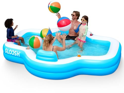 SLOOSH Aufblasbarer Swimmingpool mit Sitzen, 305 x 257 x 66 cm, überirdischer Familienpool mit Rückenlehne und Getränkehaltern, Planschbecken für Sommerparty im Garten oder auf dem Rasen, Blau