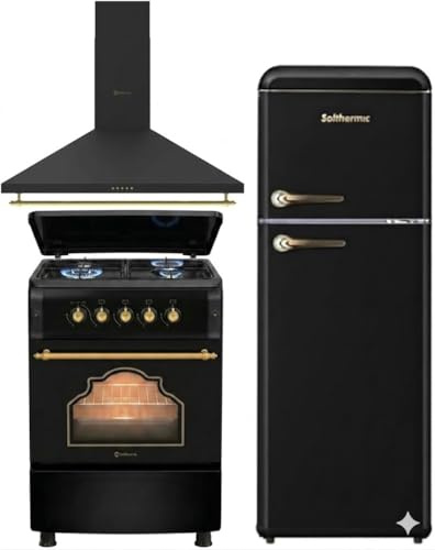 SOLTHERMIC PACK 3 EN 1 NEGRO RUSTICO ACABADOS DORADOS F5S40G2 GAS + CAMPANA DECORATIVA DE 60 CM H60PR + frigorifico RETRO 2P