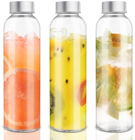 Iceten 3Pcs 500ml Glass Water Bottle, Glass Jars with Stainless Stee Lids, Reusable Empty Glass Bottles, Sauce Jar, Clear juice bottles for Juicing, Hot & Cold Drinks, Shakes, Smoothie, Coffee