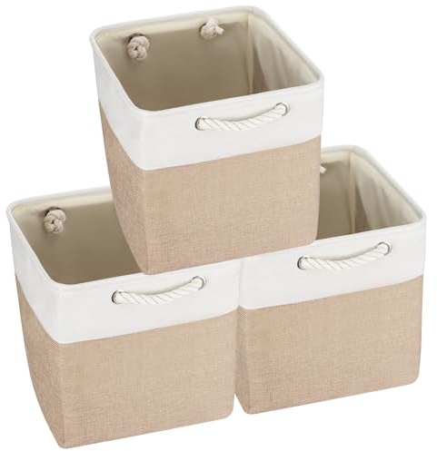 Trintion Zusammenklappbare Aufbewahrungsbox mit Griffen Stoff Aufbewahrungskorb für Regale Schränke und Schränke Langlebig und leicht Home Organisation (Khaki 3Stück, 28x28x28cm)