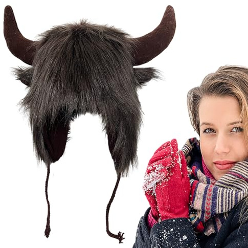 Plüsch-Bison-Ohrenklappe, flauschige Horn-Kopfbedeckung, Tierkostüm, Wintermütze, Festival, Cosplay, Pelzmütze, weiches Motto-Party-Accessoire mit gemütlichen Ohrabdeckungen für Halloween, Outdoor