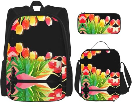 WZYCWB Un bouquet de tulipes Campus Life sac à dos (3 pièces) – cartable + trousse + sac à déjeuner, répond à tous les besoins quotidiens des étudiants