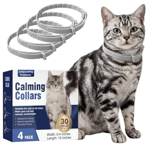 Pawvita Calming Collar for Cats 4-Pack, Pheromone Cat Calming Collar | Reduces Scratching, Hiding & Spraying. Lasts 60 Days Each. Waterproof, Adjustable, Drug-Free. Breakaway Safety. For All Cats.