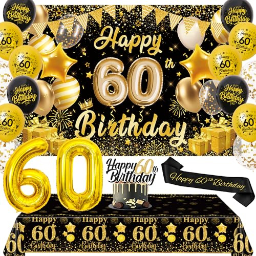 60th Birthday Decorations Banner Balloons - Black Gold Party Backdrop Set with Number Foil Balloon Tablecloth, Happy Birthday Banners Sash Cake Topper for 60 Years Old Party Decor