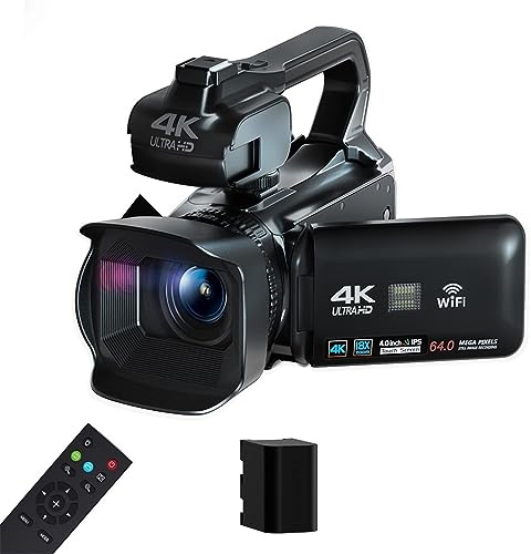 ZGJIAJU Auto Focus Videocamera 4K Zoom 18X 64MP Videocamera Digitale for WiFi Streaming Webcam Time-Lapse 4 Touch Screen Recorder(16G SD Card,Video Camera)
