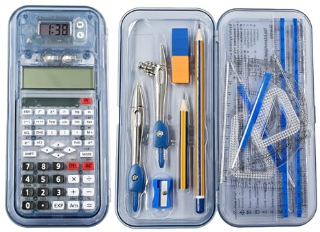 2 in 1 Scientific Calculator with Math Set,Calculator Scientific with 240 Calculation Functions,2-Line Display,Digital timer for School or Daily Use,Blue