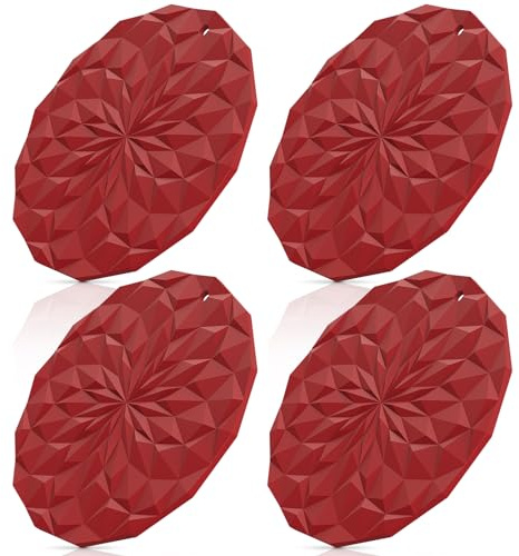 STLIAN Silikonuntersetzer - 4er-Pack Topfablagen - 18,8 cm verdickte Hot Pads für Töpfe, Pfannen und Geschirr, hitzebeständiger Silikonuntersetzer für Tisch und Theke Weinrot