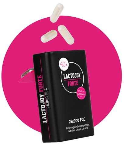 LactoJoy Forte - Lactase gélules pour l'intolérance au lactose 28000 FCC - 40 pièces - capsule de lactose sans additifs - Made in Germany - Sans gluten & lactose - Vegan - Enzymes digestives