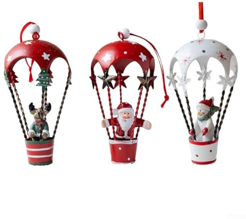 Set di 3 mongolfiere nordiche in ferro battuto con personaggi festivi per albero di Natale e decorazioni stagionali