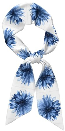WHJSHOP Foulard long en soie imprimé fleur de dahlia bleu pour femme, bande douce et lisse, accessoires de sac à main