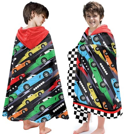 HSUIOFE Hooded Towels for Kids -Toddler Beach Towel- Super Absorbent & Quick Dry 100% Cotton 35x60 Inch - to Kid Ages 3-12-Racing Car Swim Towels