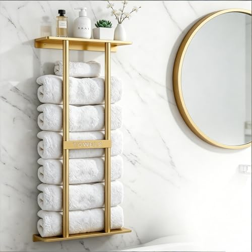 Handtuchhalter zur Wandmontage, Badezimmer-Handtuch-Aufbewahrungsstange, Badetuchhalter, Regale mit Ablage für gerollte Waschlappen, kleiner Badezimmer-Organizer, 31 x 15 x 79 cm