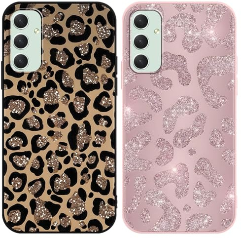 Yirlbey 2 Pezzi Cover per Samsung Galaxy S23 FE 6,4, Cellulare Silicone Morbido Custodia per telefono Aesthetic Motivo Glitter Disegno Antiurto AntiGraffio Protezione Case per Ragazze, Leopardata