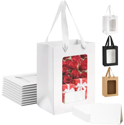 10 Stück Geschenktaschen mit Fenster, Papiertüten mit Henkel | Krafttaschen mit Griffen Wiederverwendbar Geschenktüten für Party, Geburtstage, Hochzeiten (Weiß, 20×16×30 cm)