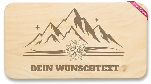 Frühstücksbrettchen Holz Natur - Kompatibel Oktoberfest - Berge Edelweiß personalisiert - Wandern Camping - 22x12 - Holz
