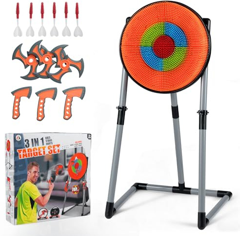 COSTWAY Throwing Target Set, Kids Throwing Game with PVC Frame & Hanging Hooks, Indoor Outdoor Sport Toy Gift for Ages 6+ (with 3 Throwing axes, 3 Ninja Darts, 6 Darts, Orange+Grey)