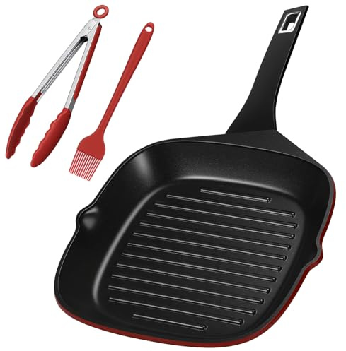 EvoFar Nonstick Griddle Pan for All Hobs, 28cm Square Aluminium Steak Pan for Food Indoor Cooking Grilling Like Steak, Chicken Breast, Bacon, Hamburger, Red