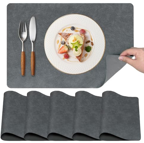 Hopelit 6er Set Platzsets Abwaschbar aus Kunstleder, rutschfest Tischsets Abwaschbar, Hitzebeständig Beidseitig, Premium Platzdeckchen Wasserdicht für Küche Esstisch, 45 x 30 cm, Dunkelgrau