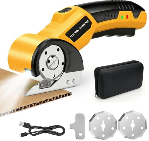Ykall Akku-Kartonschneider 4.2V, selbstschärfend, mit 2 Klingen & LED-Licht | 4.2V Akku-Kartonschneider, 320 U/min. Sicherheitsverriegelung & LED, für Karton, Leder, Teppich. 2 Klingen & USB-C inkl.