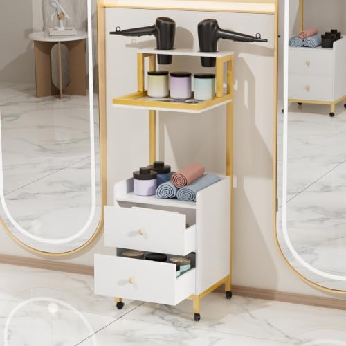 Salon Hairdressing Trolley, Beauty Storage Cart with 2 Drawers & Open Shelves with Hair Dryer Holder, Rolling Mobile Barber Tool Cart on 360° Wheels – for Spa, Studio & Home Use,Hairdresser White