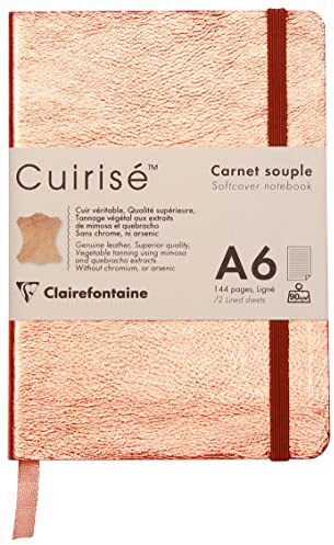 Clairefontaine 400092C Notizbuch (mit Perlmutt-Effekt mit Softcover aus Leder, DIN A6, 10,5 x 14,8cm, 144 Blatt, blanko, Gummizugverschluß, Lesezeichen) 1 Stück kupfer