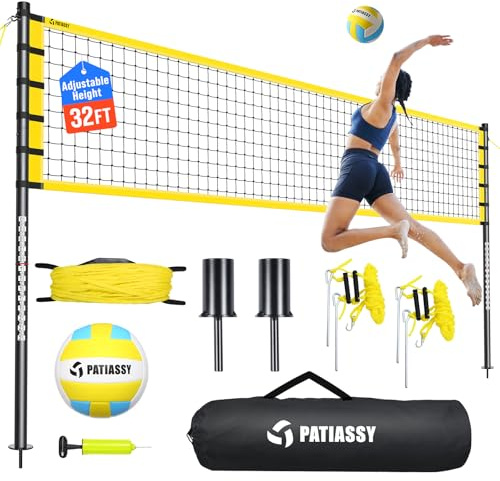 Outdoor Volleyball Net Set for Backyard & Beach, 32FT Regulation Size, Easy Setup Adjustable Height Poles, Portable Net System with PU Volleyball, Pump & Carry Bag