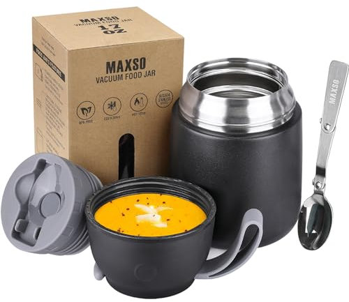 Thermos per Alimenti 500ml, Contenitore Termico per Alimenti di Acciaio Inossidabile con Cucchiaio Pieghevole, Isotermico Sottovuoto per Cibi Caldi e Freddi (nero)