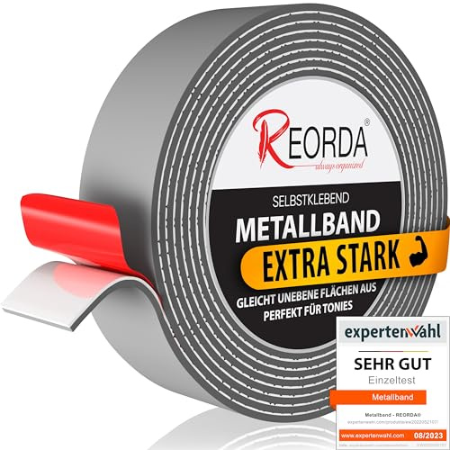 REORDA® Metallband selbstklebend Grau - Ideal für Tonies®-Figuren & -Regale (EXTRA STARK) - Magnetband für Magnete I Ferroband I Magnetband selbstklebend I Eisenband (10m)