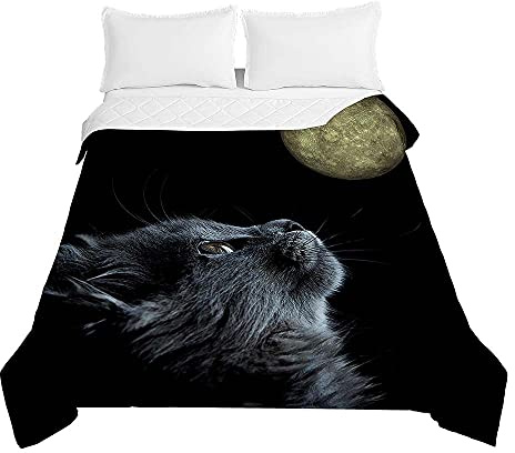 Surwin Trapuntino Copriletto Trapuntato Primaverile Estivo, Trapuntino in Morbida Microfibra Reversibile con Motivo Gatto 3D Leggero Coperta Letto Singolo/Matrimoniale (Luna Gialla,130x150cm)