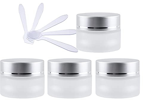 ZEOABSY 4 Pièce Petits Pots en Verre 15ml Translucide Bocaux en Verre Cosmétique avec Argent Bouchon à Vis Vides avec Bouchon Intérieur et 4X Spatule pour Crèmes Fait Maison,Poudres,Baume À Levrès