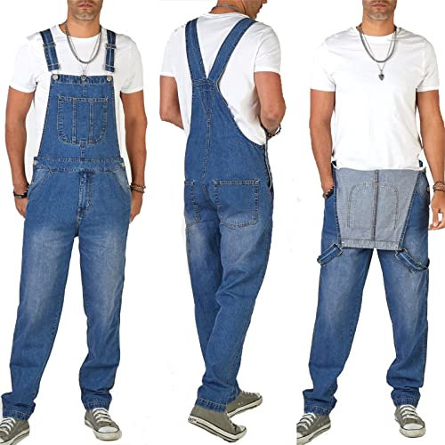 Salopette da Uomo in Denim Salopette da Uomo con Cinturino Dritto Blu Jeans da Uomo Pantaloni con Bretelle da Uomo Cowboy Salopette da Uomo Jean,Blu,XXL
